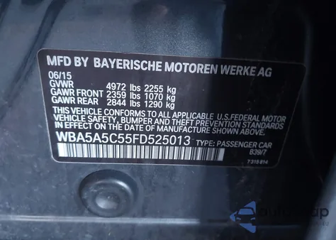 2015 BMW 528I z USA, uszkodzony, nr VIN WBA5A5C55FD525013